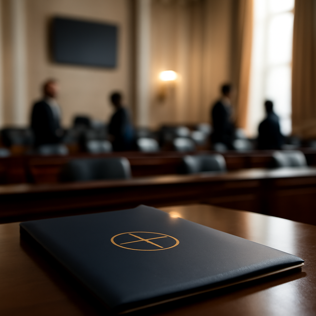 US Capitol interior with lawmakers in background and documents in foreground.