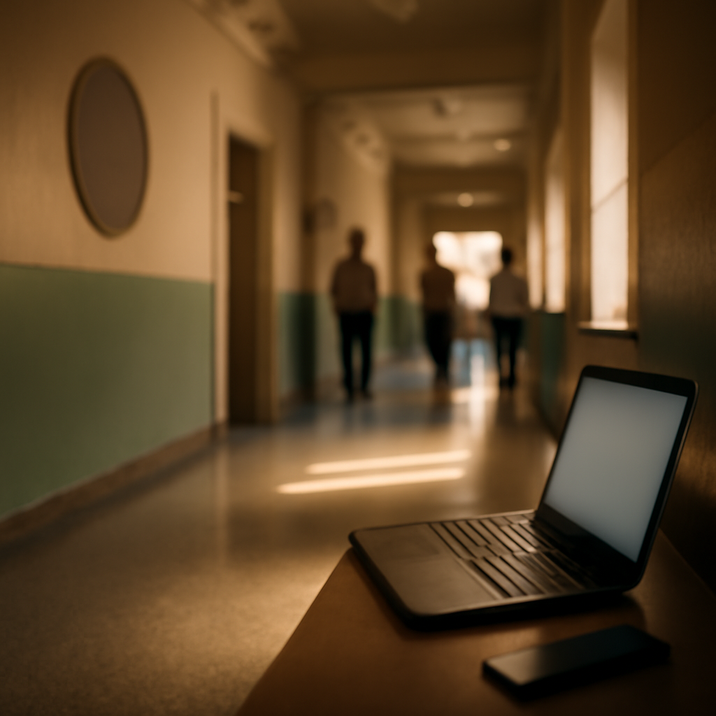 Softly lit hallway with people in distance, blurred devices on bench foreground.