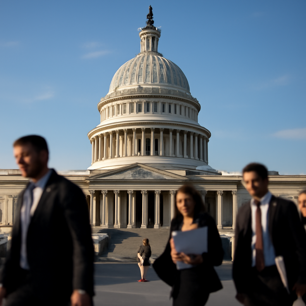 US Capitol building on a sunny day with lawmakers walking in the foreground.