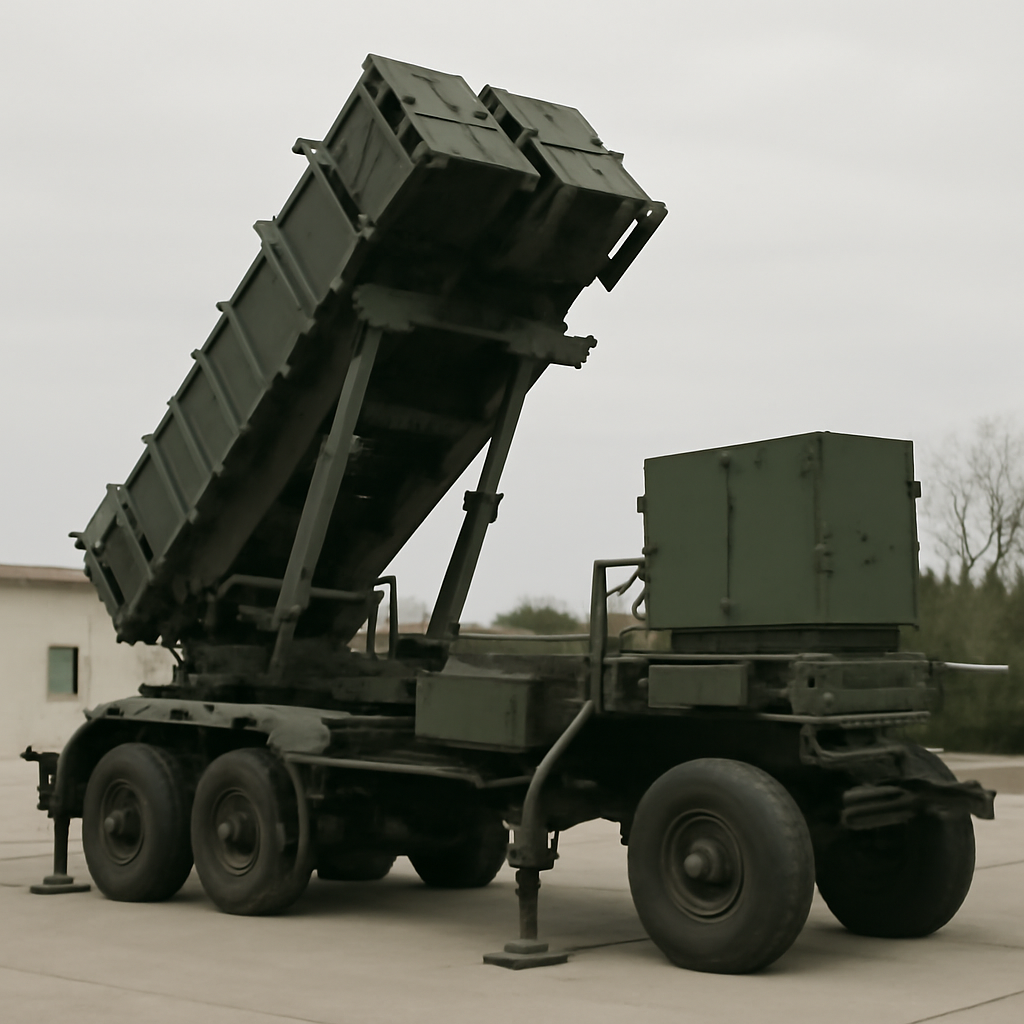 Patriot missile defense system component on display in a neutral setting.