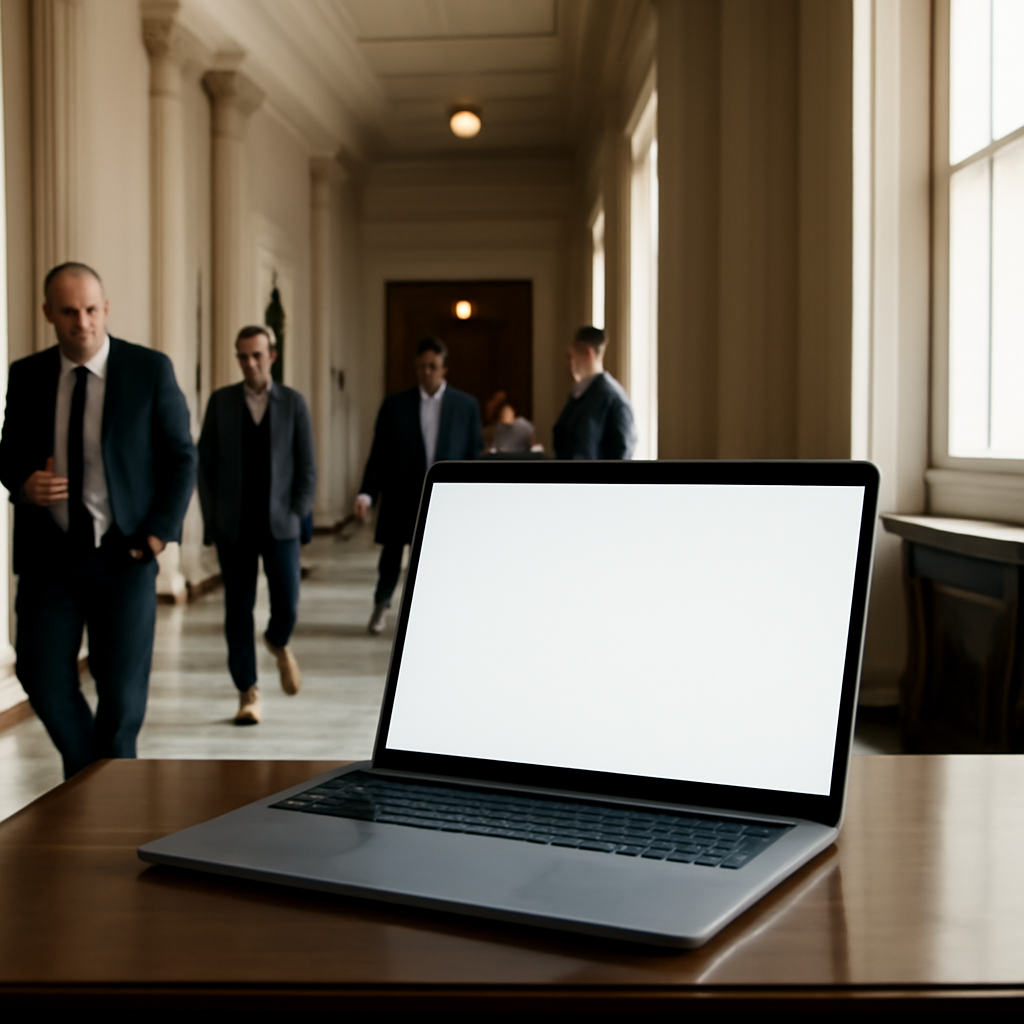 US Capitol Building hallway with lawmakers, staff, and a laptop near a sunny window.