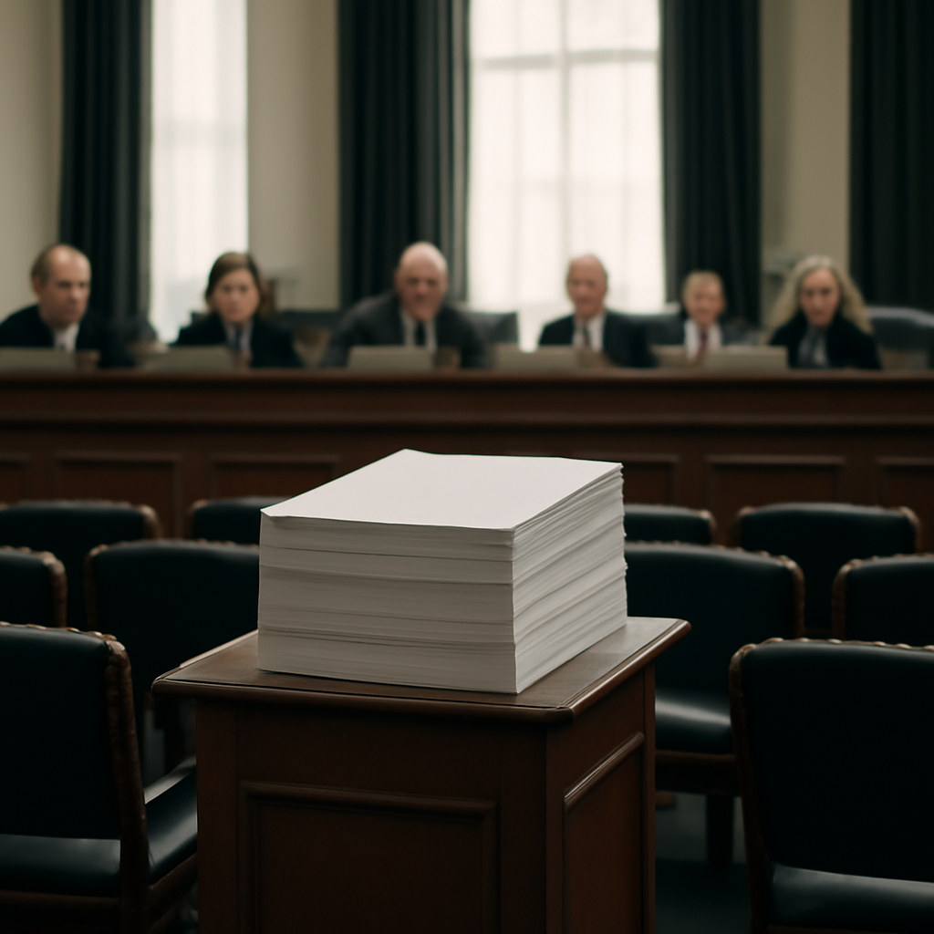Congress members seated at a table with a large budget document on a podium.