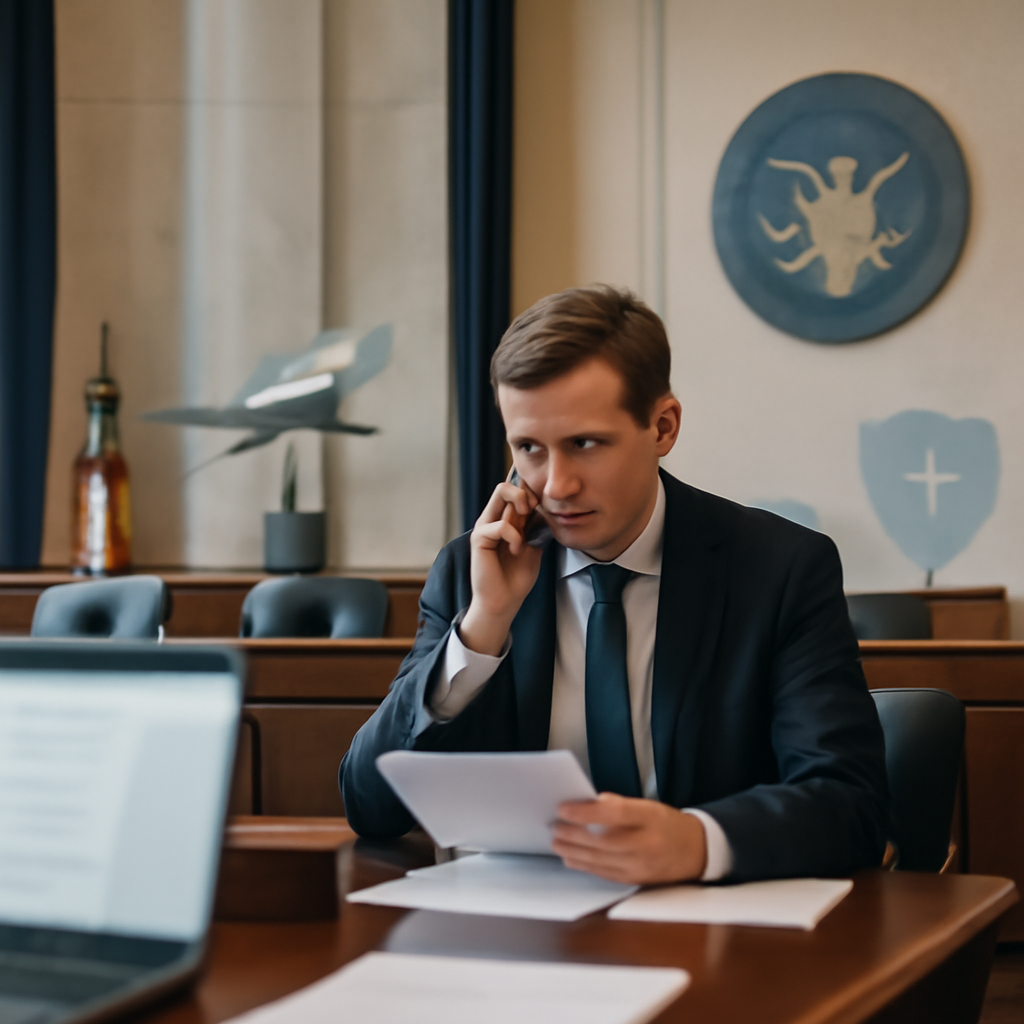 Somber-framed congressional staffer amidst US Capitol decor with subtle aviation hints.