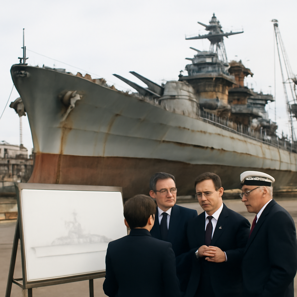 Partially constructed naval battleship in dry dock with congressional staff or naval officers in foreground.
