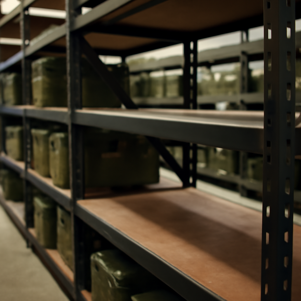 Rows of shelves in a military storage facility hold crates and containers, with some empty spaces visible.