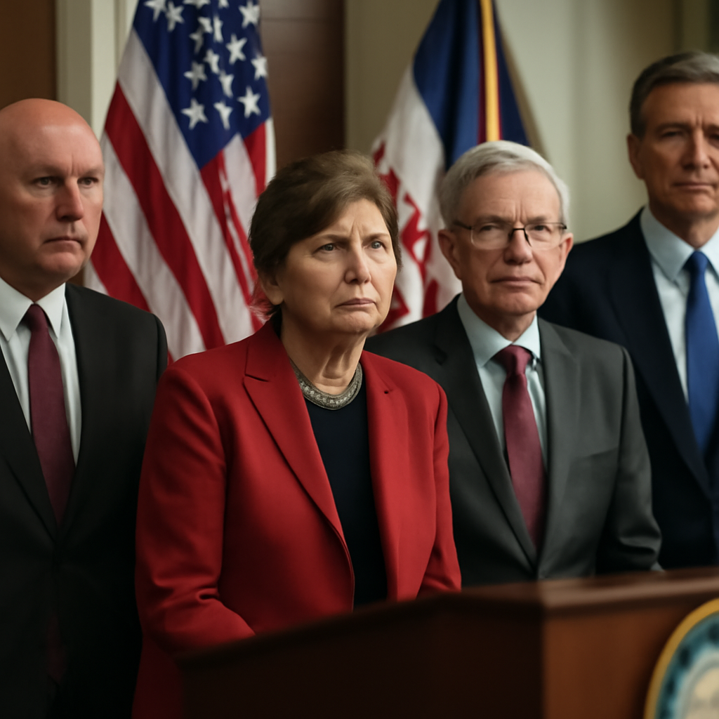Bipartisan group of senators stand together in formal setting with subtle tension.