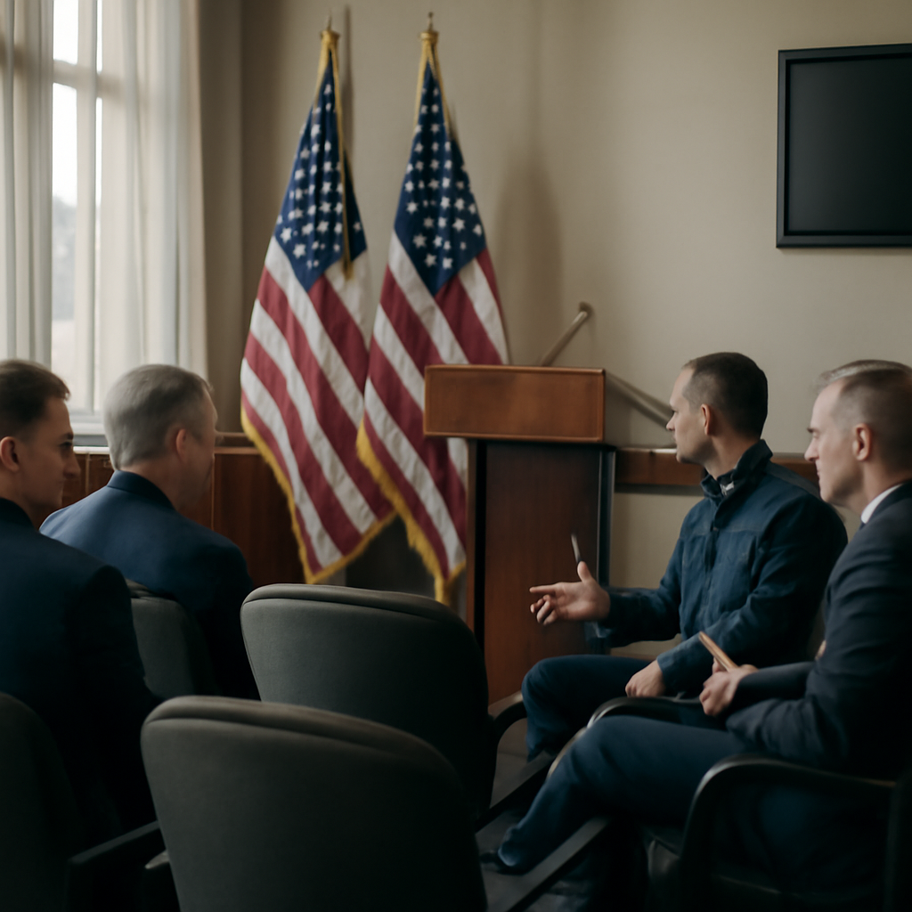 Military officers in formal attire discuss strategy in a bright, formal briefing room with American flags.