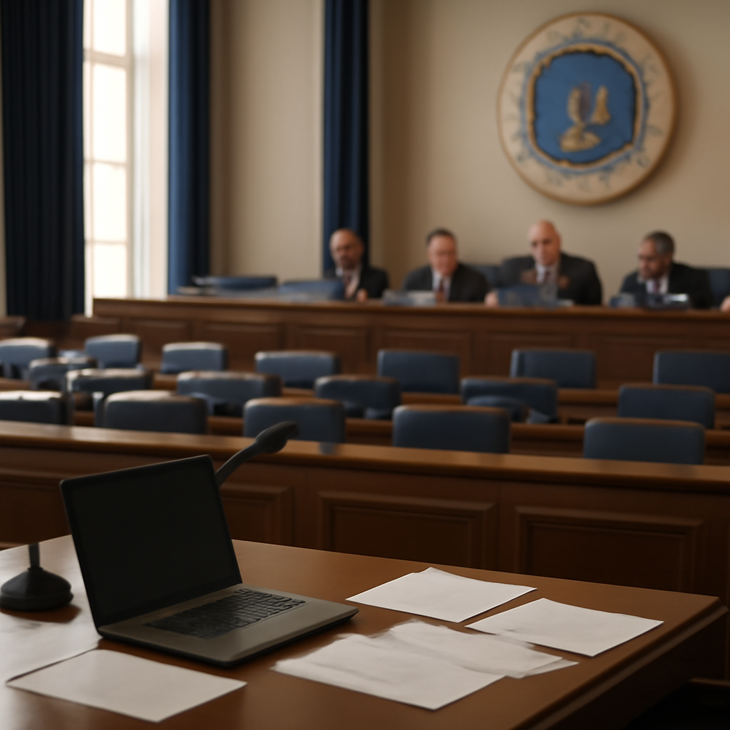Formal congressional hearing room with lawmakers seated at a long table, surrounded by empty chairs, under natural daylight.