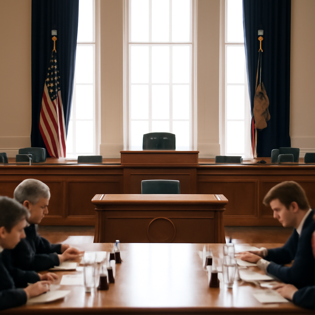 Formal congressional hearing room with lawmakers and officials seated at a witness table before tall windows.