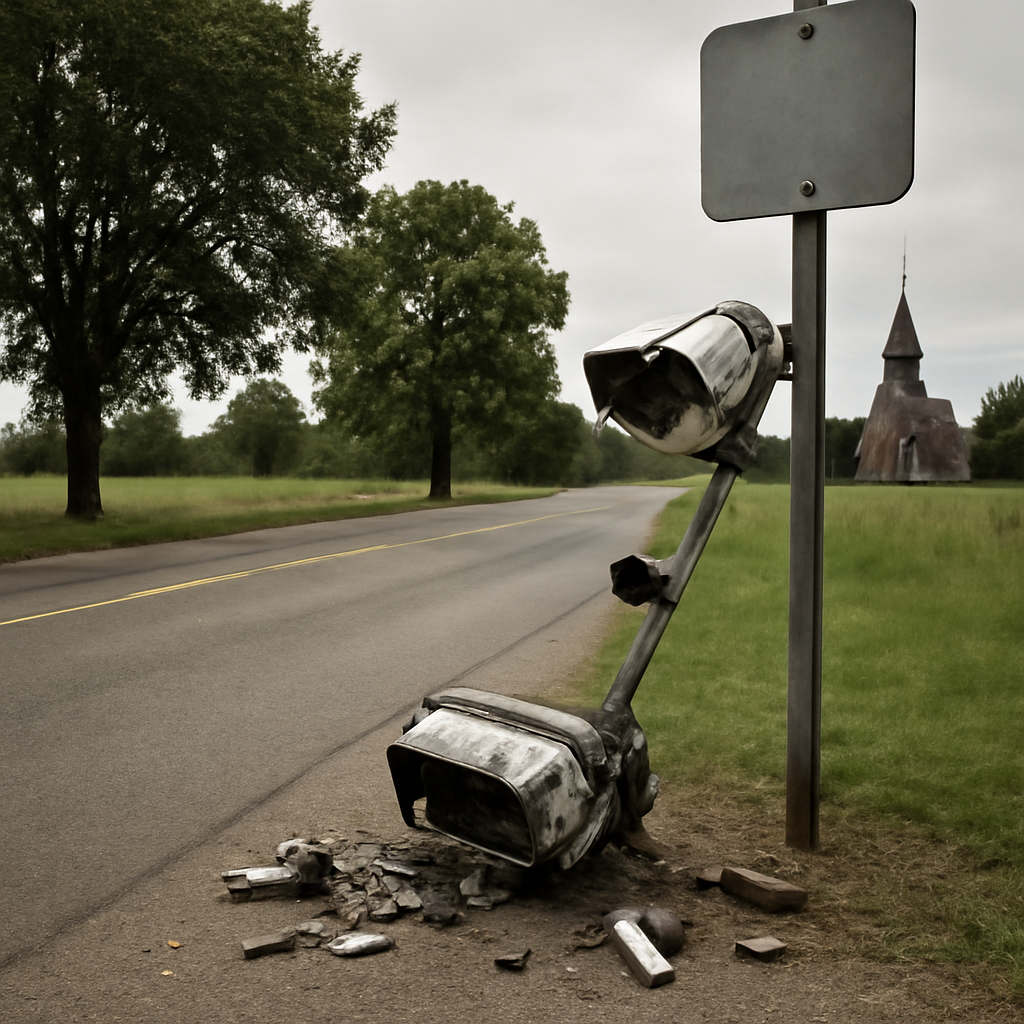 Damaged license plate reader camera on a pole amidst debris.