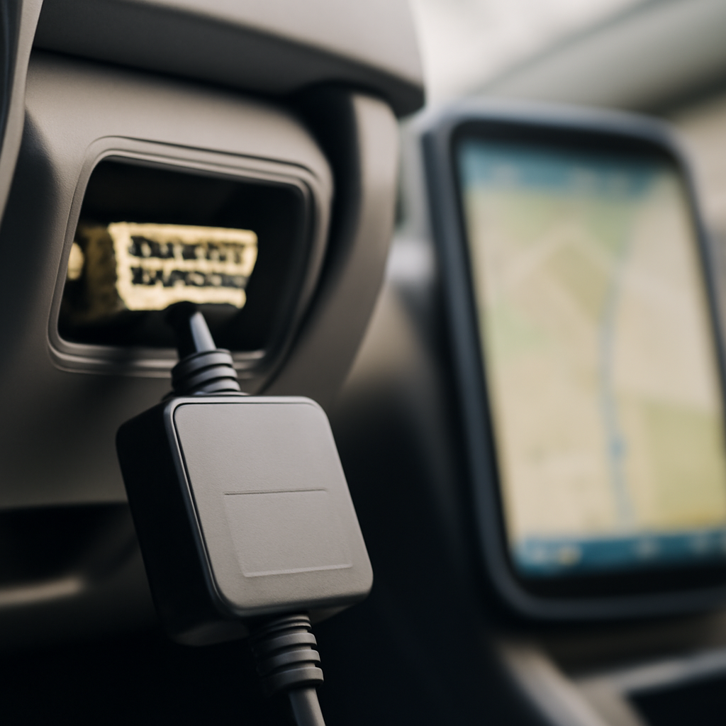 Car's onboard diagnostics port connected to a device, with a blurred smartphone screen in the background.