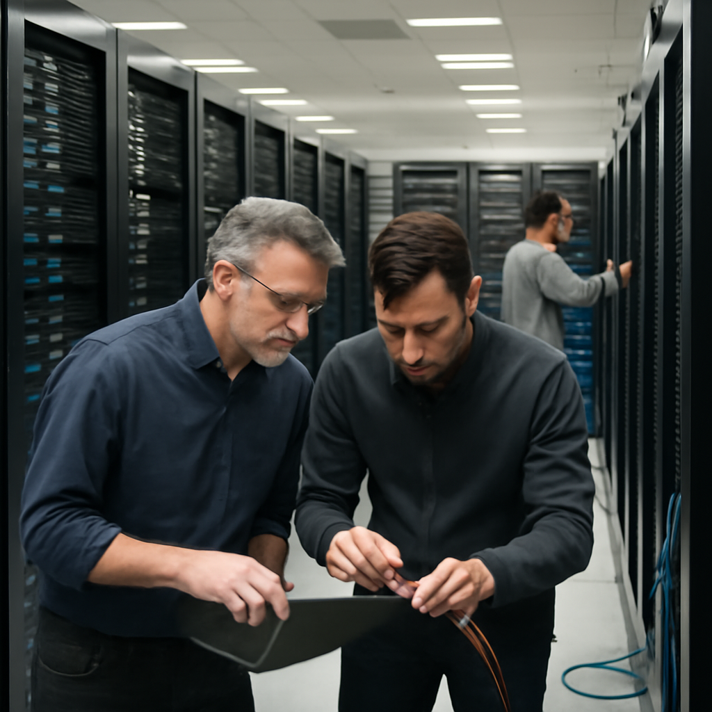 Technicians inspect equipment in a brightly-lit server room with rows of computer servers and storage equipment.