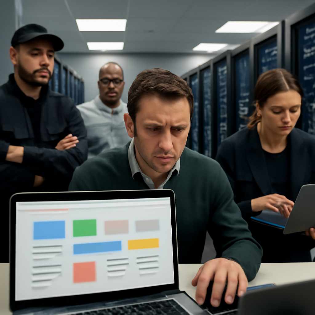 Technicians and security personnel work on laptops in a brightly-lit data center with rows of servers, showing concern.
