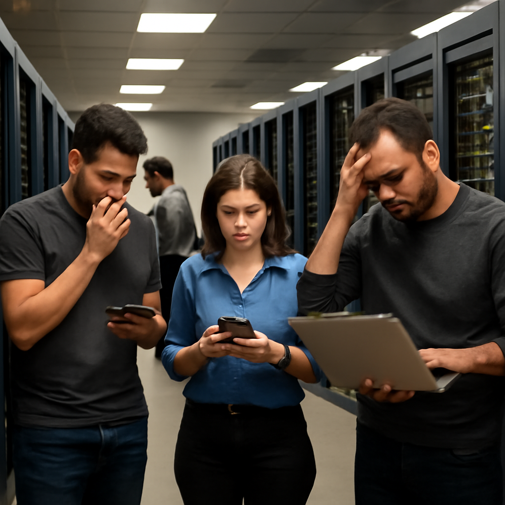 Technicians in a modern server room look concerned while consulting phones and laptops.