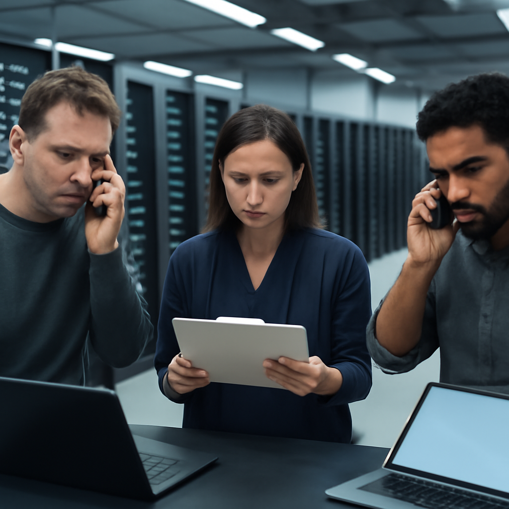 Network administrators in a server room look concerned while consulting documentation.