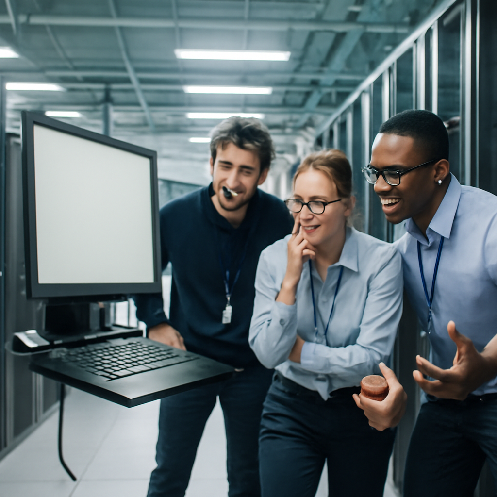 Technicians investigate a disconnected workstation in a brightly-lit data center with rows of server racks in the background.