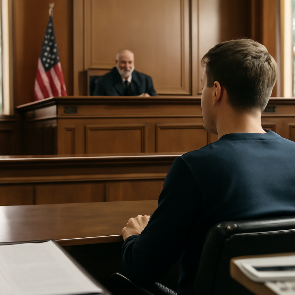 Defendant sits in federal court with blurred face, hands visible, in front of judge's bench and US flag.