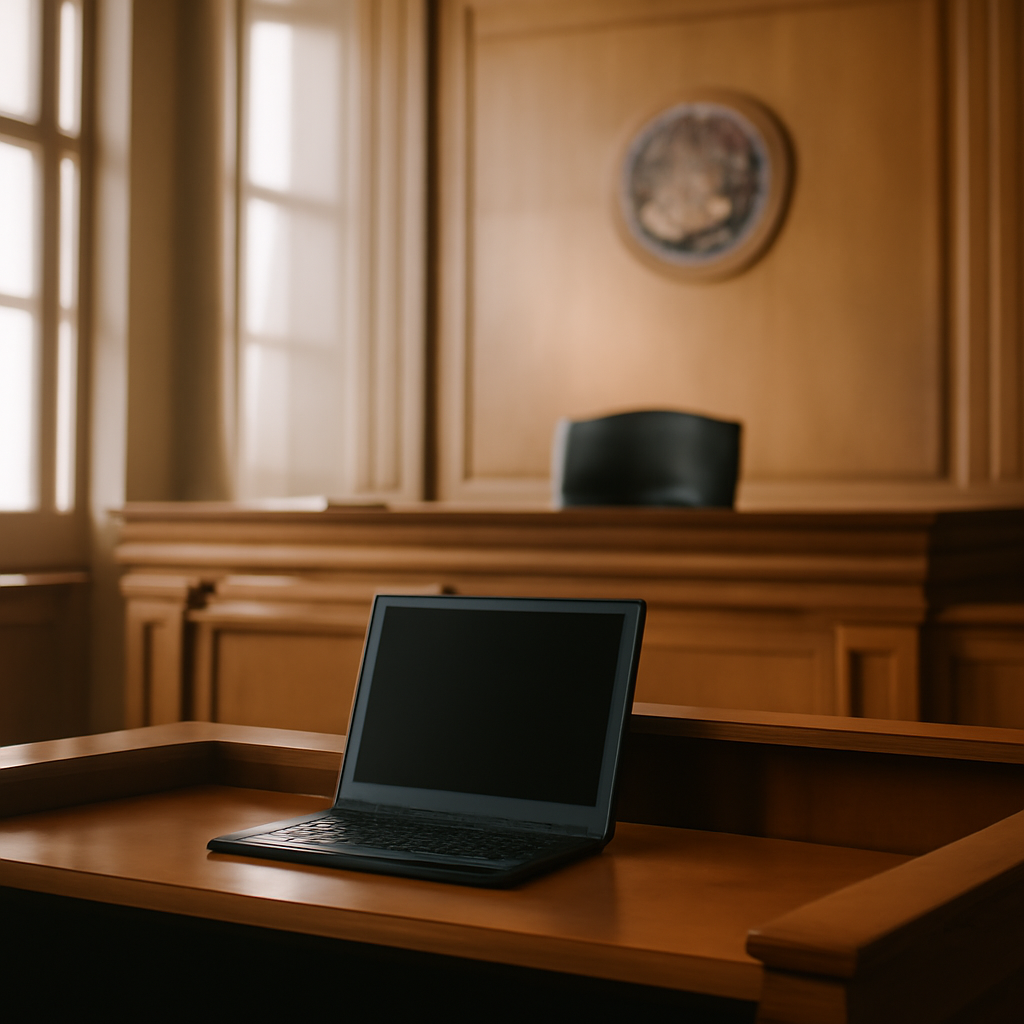 Interior of a government building with a judge's bench and tall windows.
