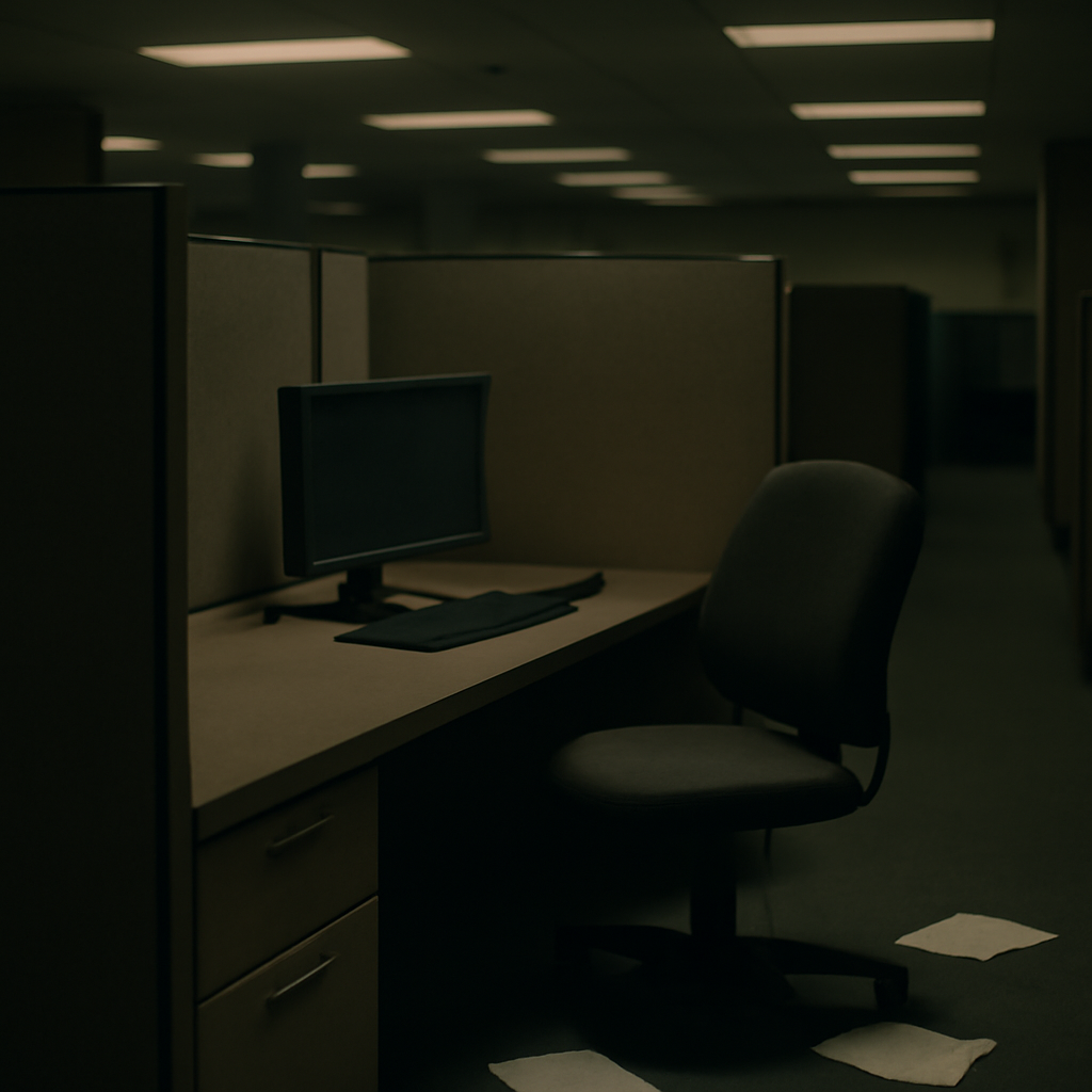 Abandoned office cubicle with scattered papers and pushed-back chair.
