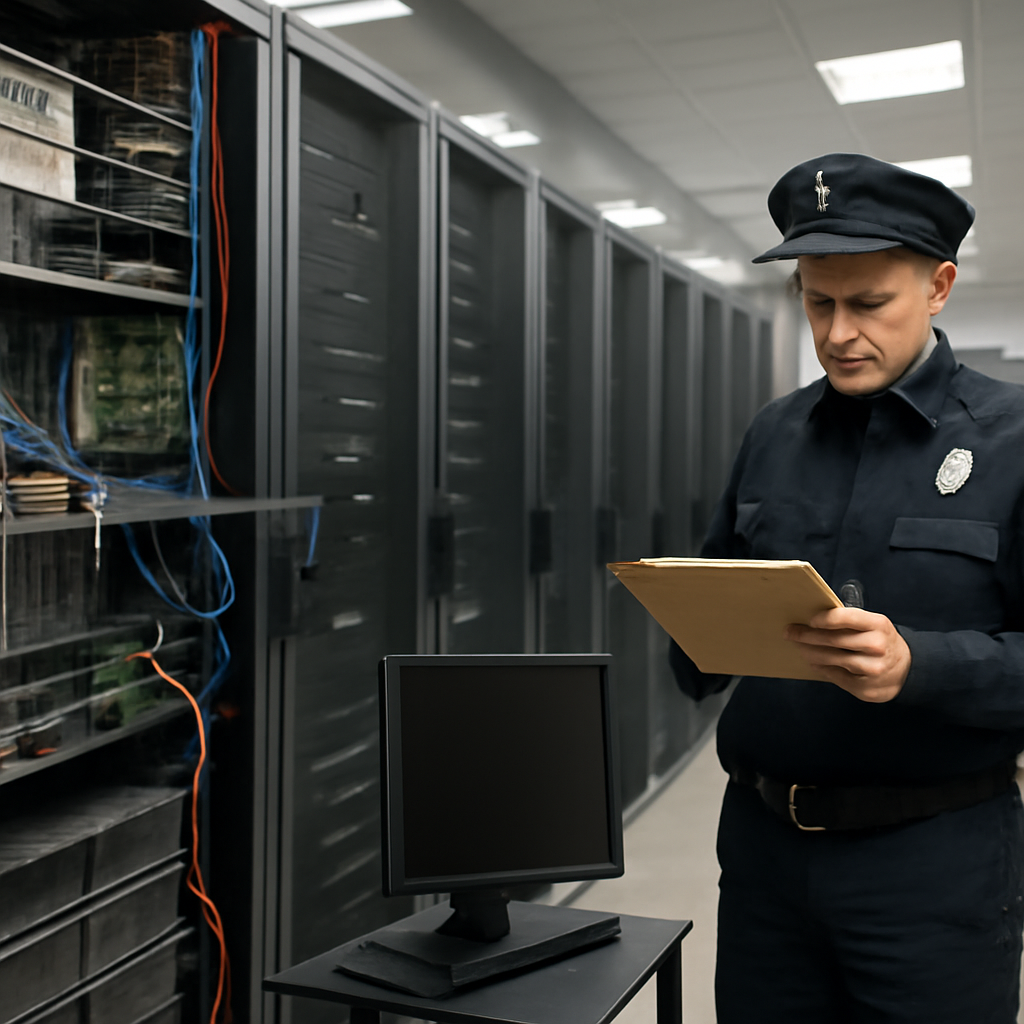 Network operations center interior with exposed server components and IT personnel.