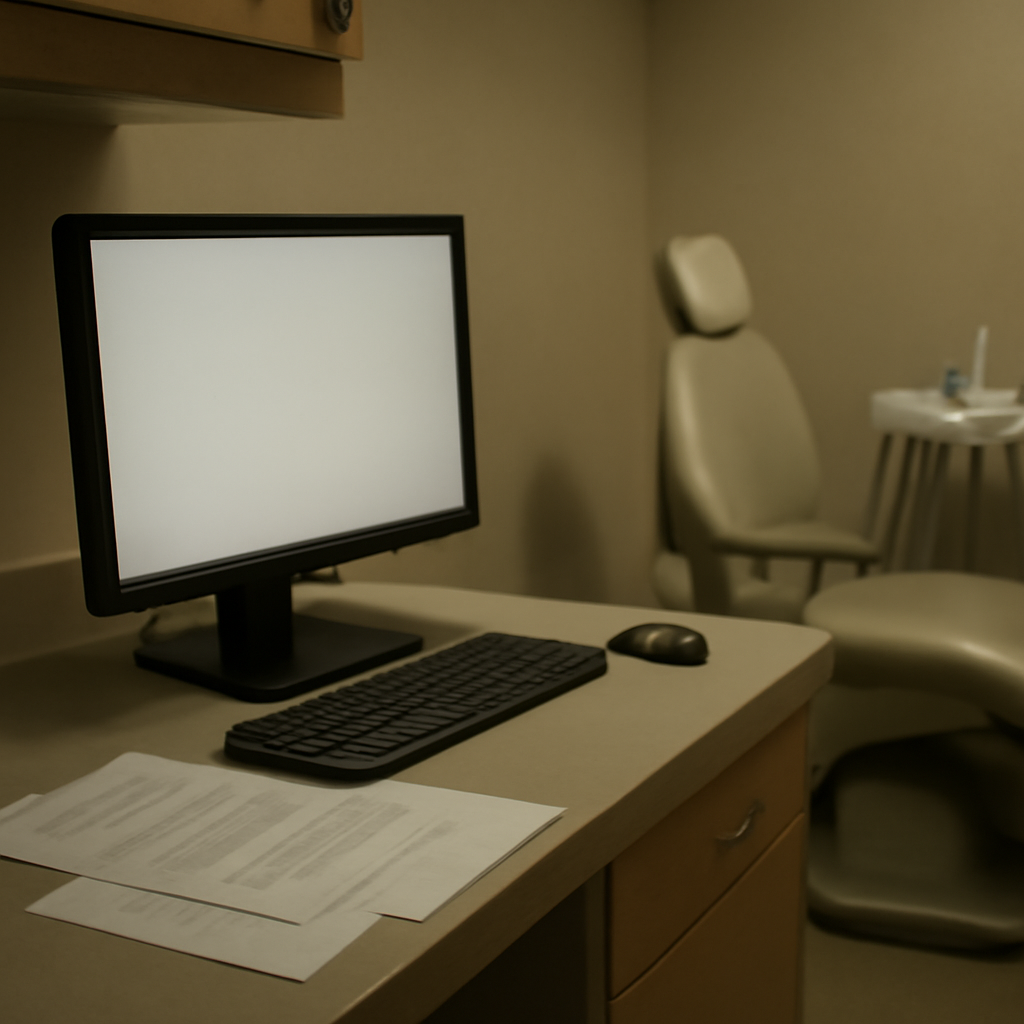 Softly lit dental office interior with computer terminal and scattered papers.