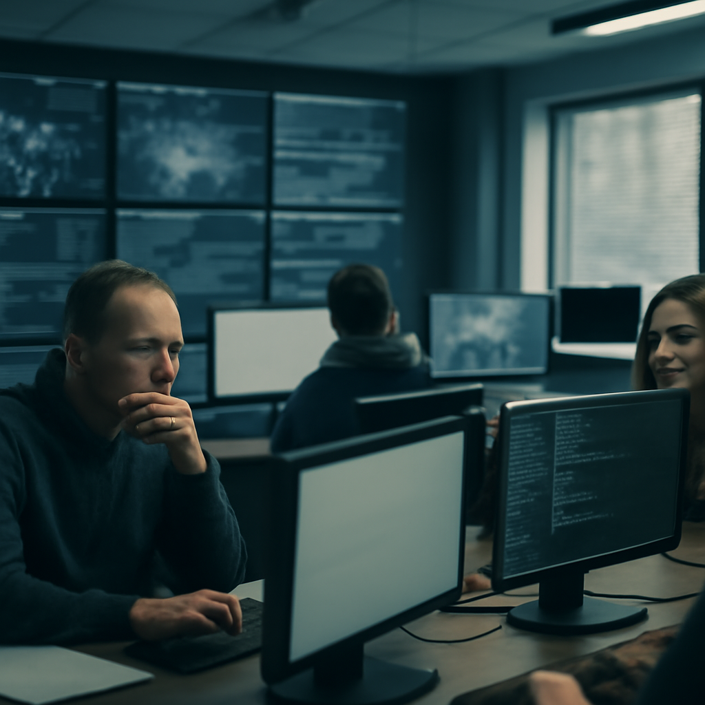 Analysts work at computer stations in a dimly lit security operations center, surrounded by screens displaying network…