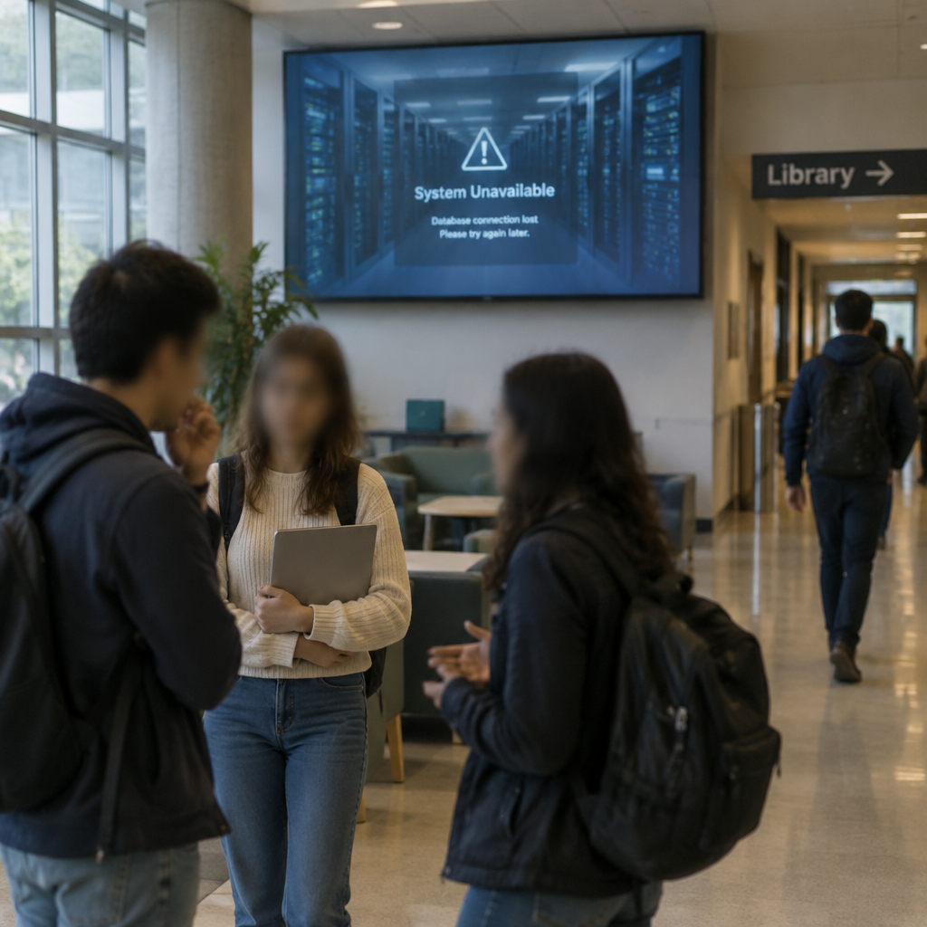 University building interior with blurred server equipment in background.
