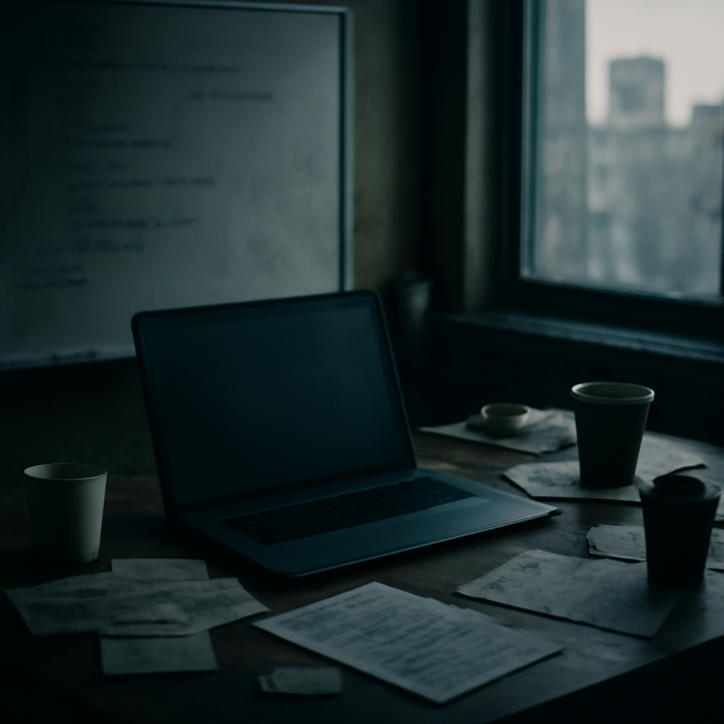 Dimly lit workspace with scattered notes and empty coffee cups, hinting at unease.
