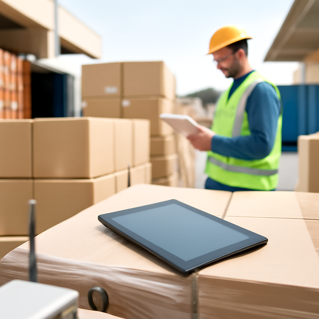 Logistics worker in background checking shipment near smartphone on crate in brightly lit warehouse yard.