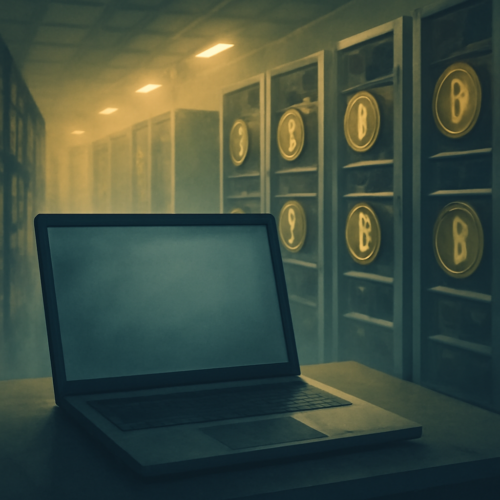 Rows of computer servers in a secure data center with a single laptop screen displaying code in the foreground.