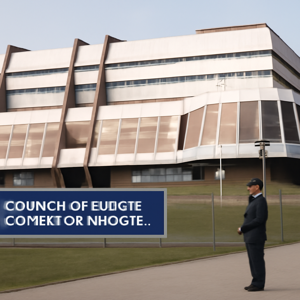 Council of Europe headquarters building exterior with subtle security presence.