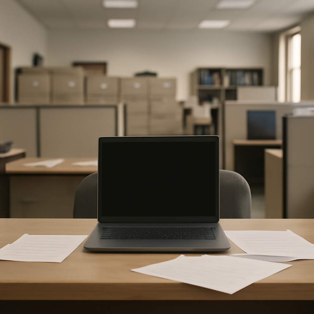 Empty computer workstation in a local government office with filing cabinets and cubicles in the background.