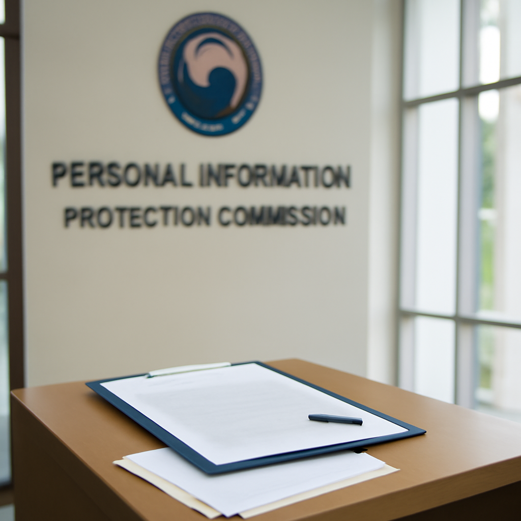 South Korea's Personal Information Protection Commission headquarters interior with formal documents and a blurred seal in…