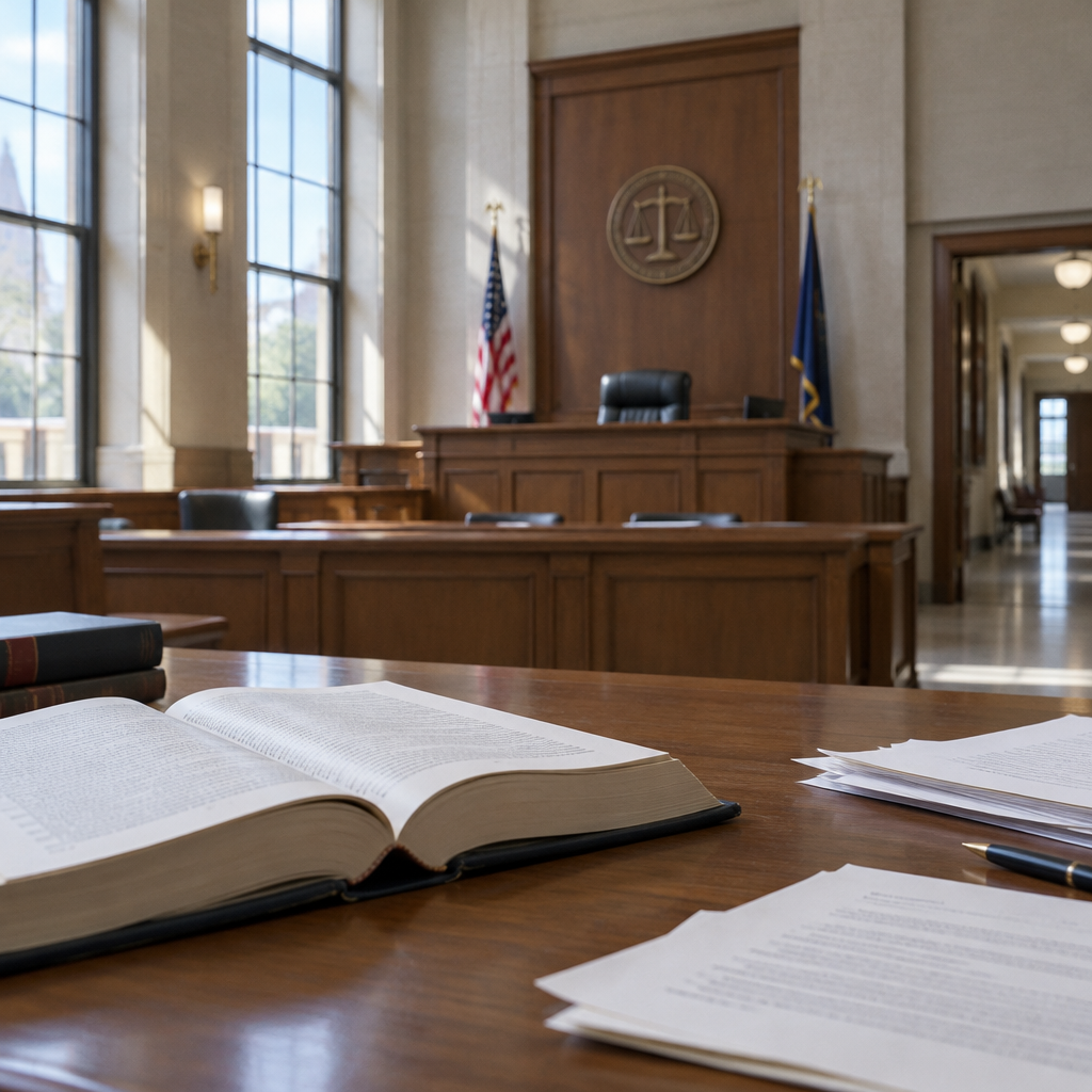 Courthouse interior with judge's bench, legal documents on desk.