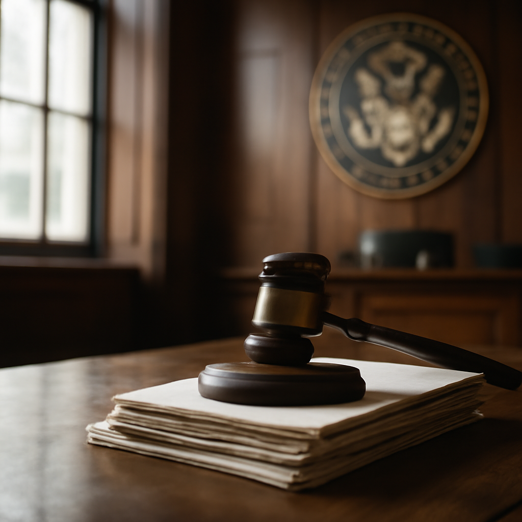 Courthouse interior with gavel, documents, and blurred seal in background.