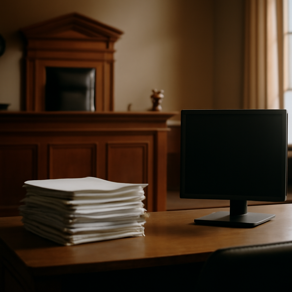 Formal courtroom interior with judge's bench, papers, and computer monitor in soft daylight.