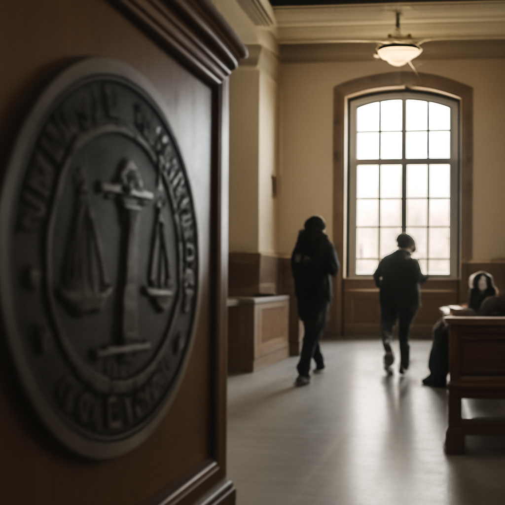 Courthouse interior with natural daylight, blurred seal, and people in background.