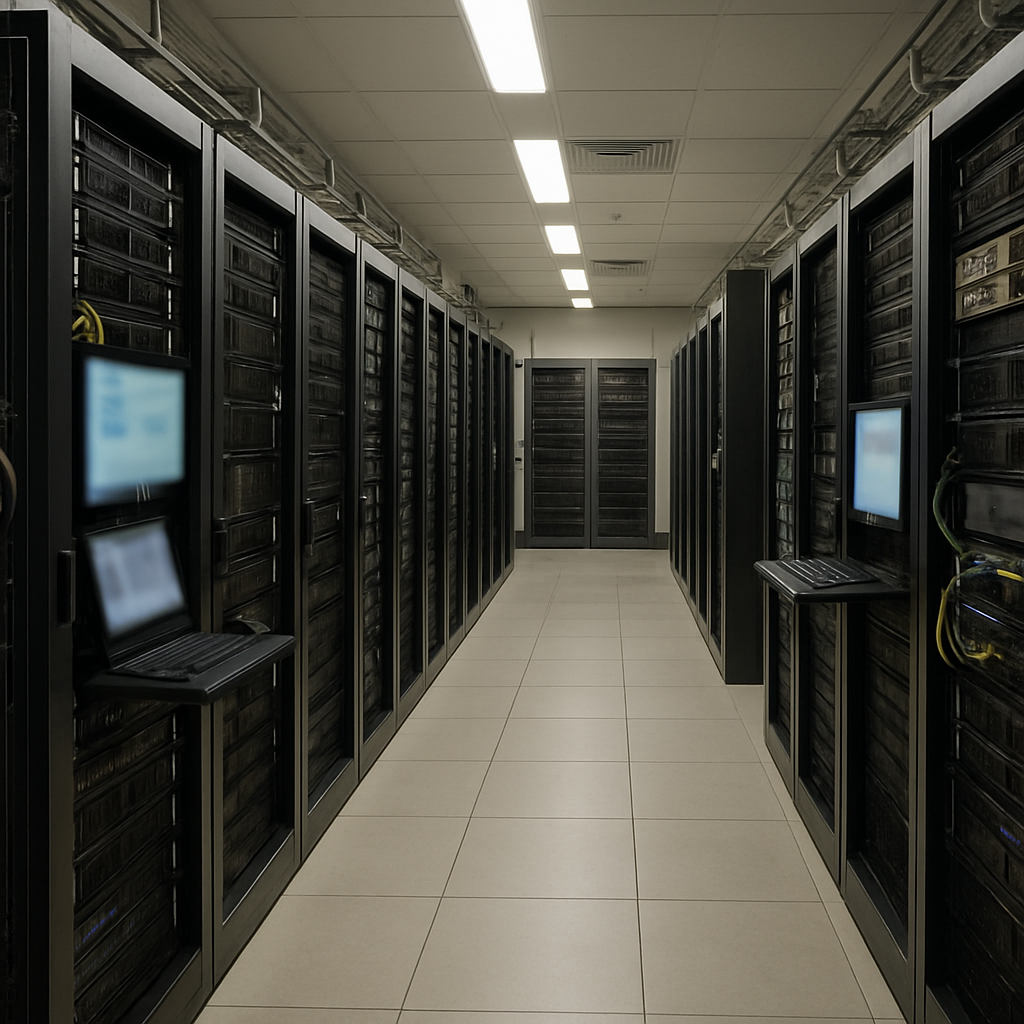 Rows of computer servers and networking equipment in a shared hosting server room or data center.