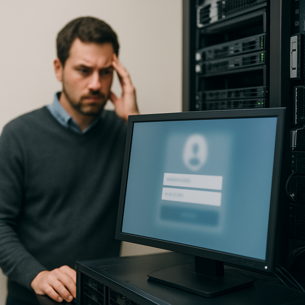 System administrator standing behind a computer terminal with a blurred login screen in a server room.
