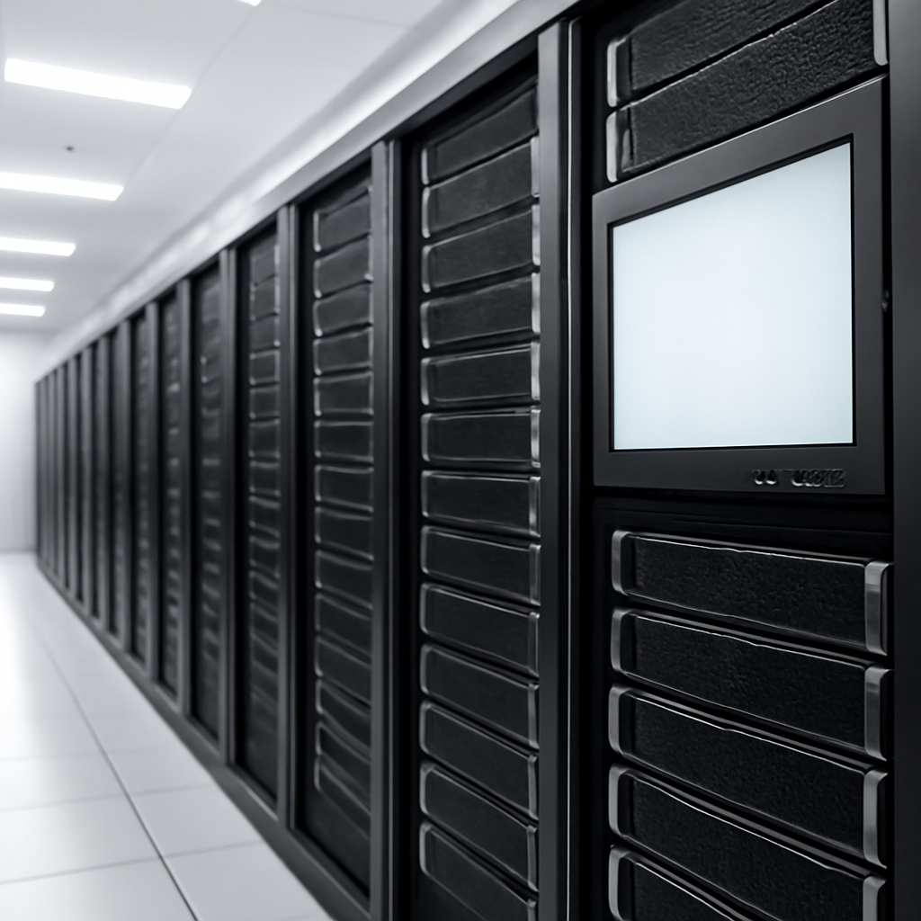 Rows of computer servers and networking equipment in a brightly-lit data center.