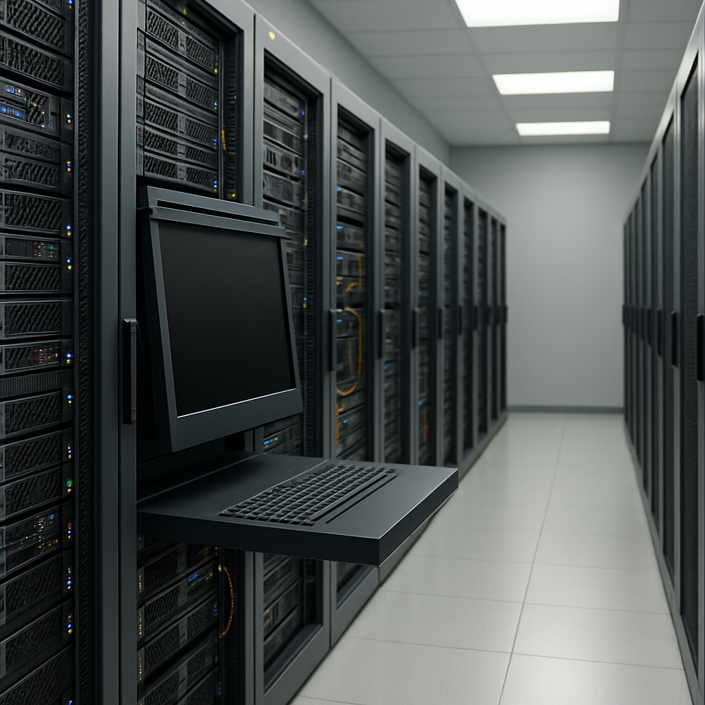 Rows of computer servers and networking equipment in a web hosting facility, with a single server terminal screen blank and…