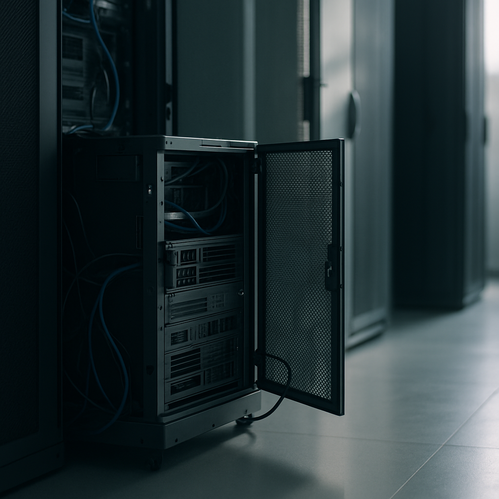 Server control panel in a data center with a focus on a single targeted system.