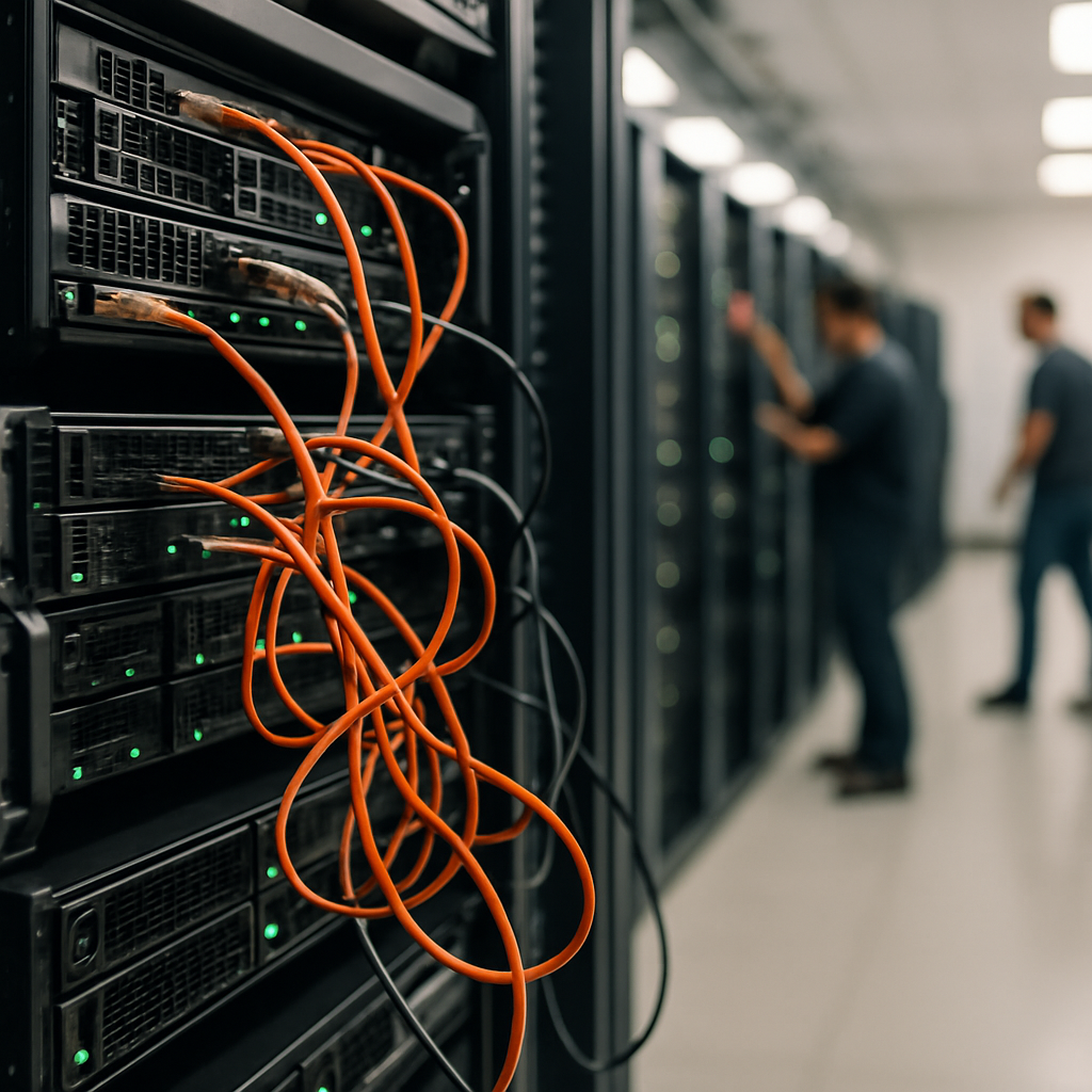 Rack-mounted servers and network equipment in a brightly-lit data center interior.
