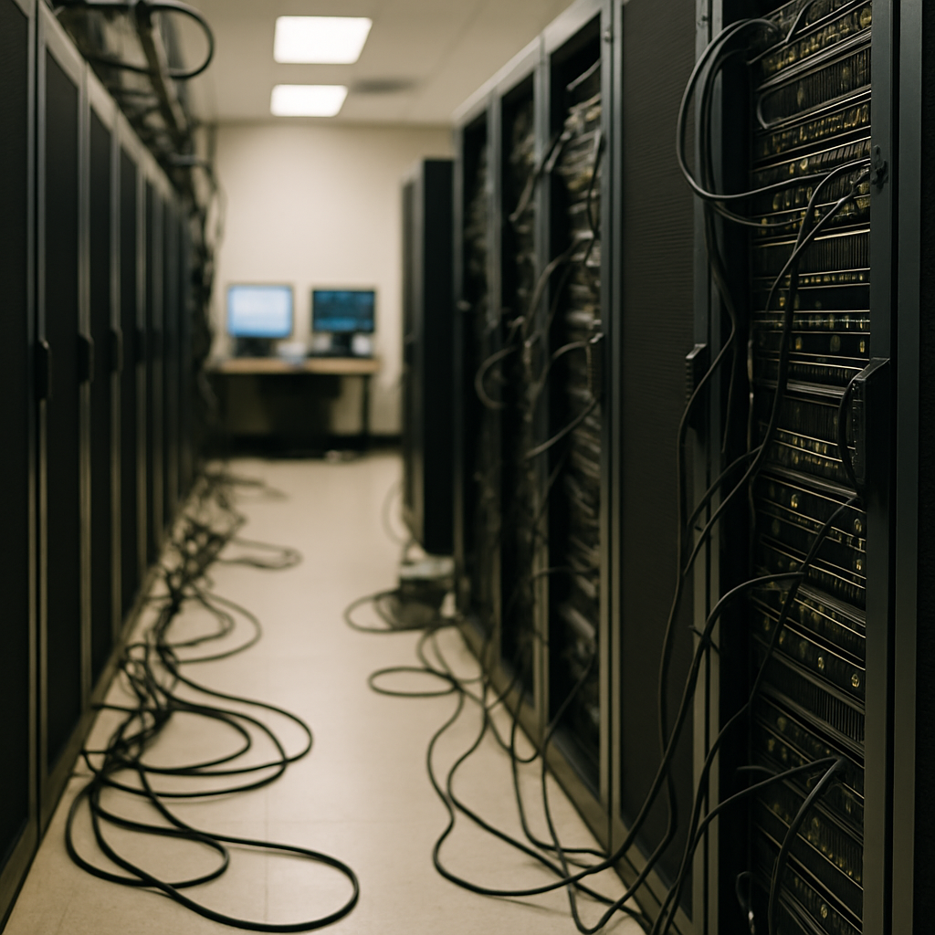 Rows of computer servers and racks in a dimly lit server room with exposed cables, conveying a sense of vulnerability.