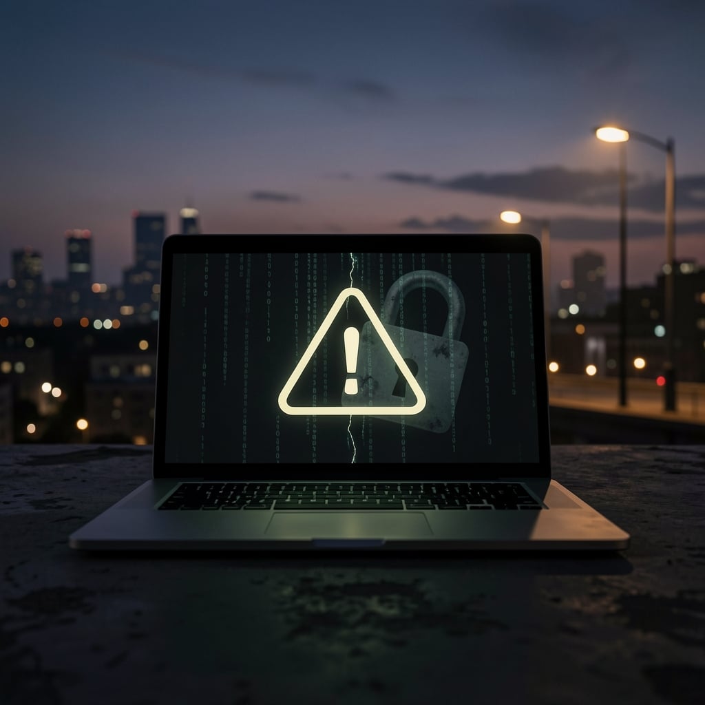 Laptop screen displays warning symbol amidst dim cityscape, with distorted padlock and cascading binary code.
