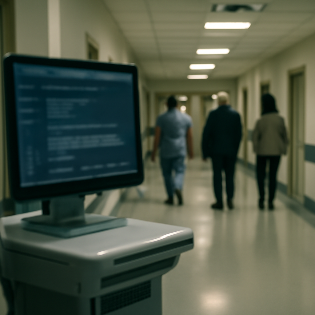 Hospital corridor with people walking, subtle hint of digital setup in foreground.