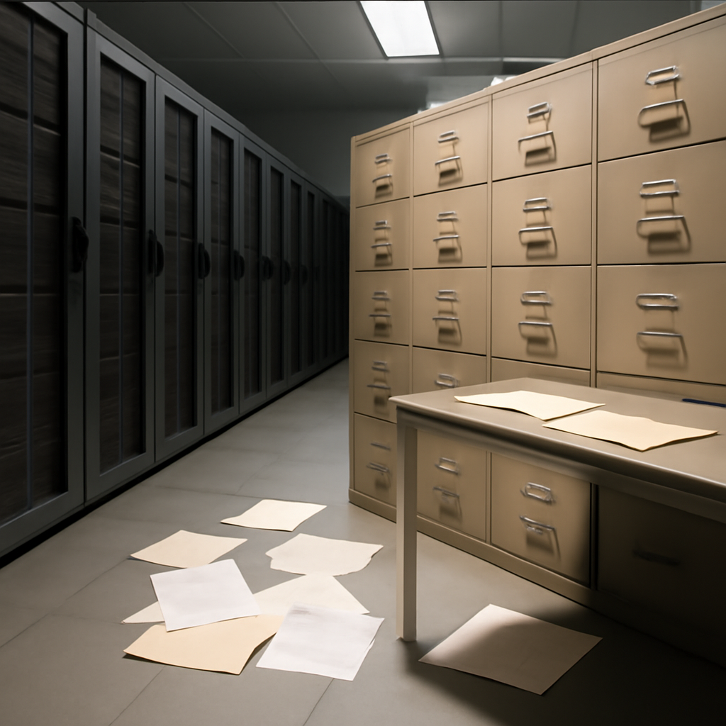 Rows of file cabinets and servers in a brightly-lit data storage area with scattered papers on a nearby table.