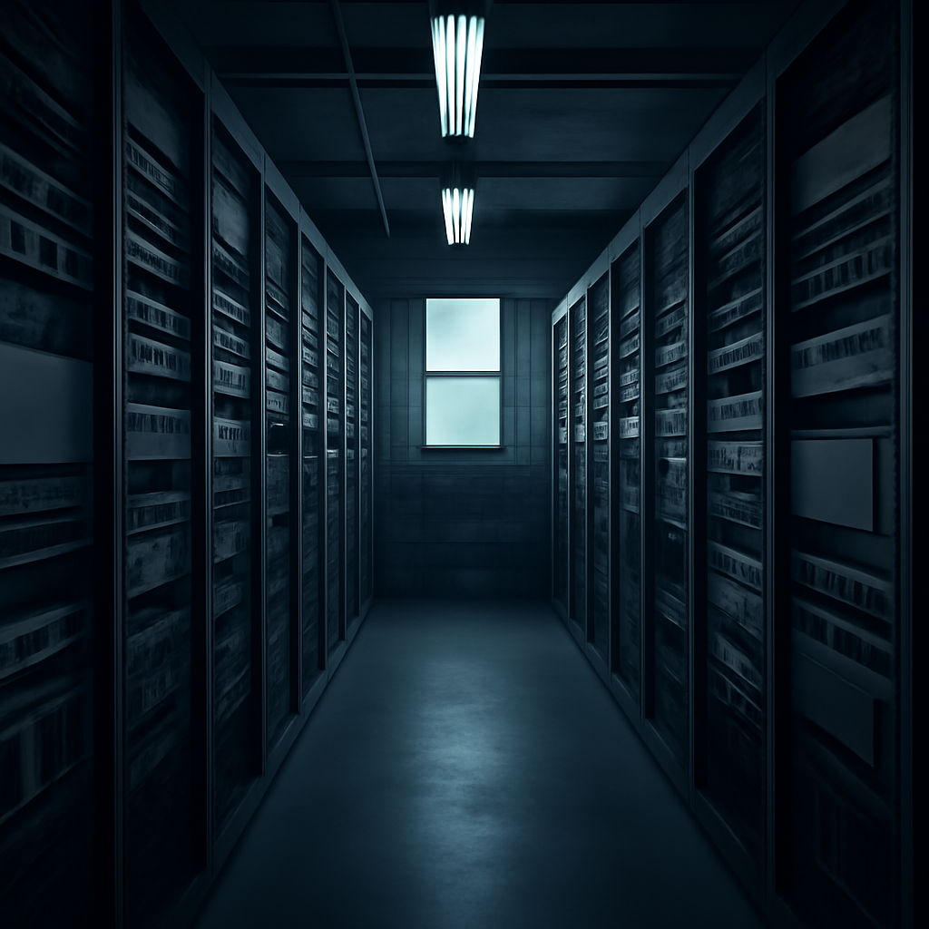 Rows of network equipment and devices on racks in a dimly lit, empty server room.