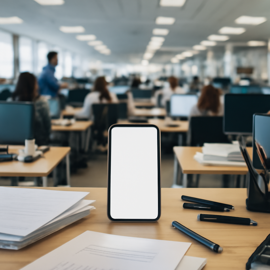 Employees work at computer stations in a bright office, with a laptop and smartphone on a desk in focus.