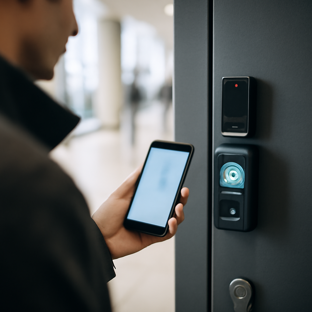Person holding smartphone stands before secure door with keycard reader and biometric scanner.